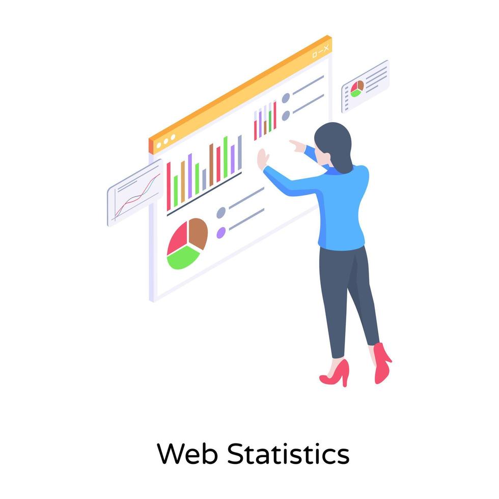 pessoa monitorando dados do site, ícone isométrico de estatísticas da web vetor