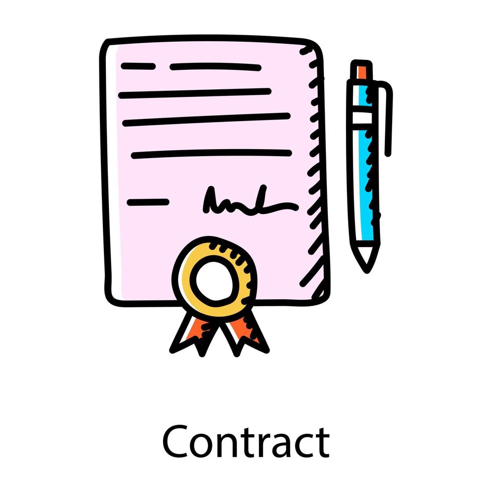 contrato em ícone desenhado à mão, acordo de trabalho vetor
