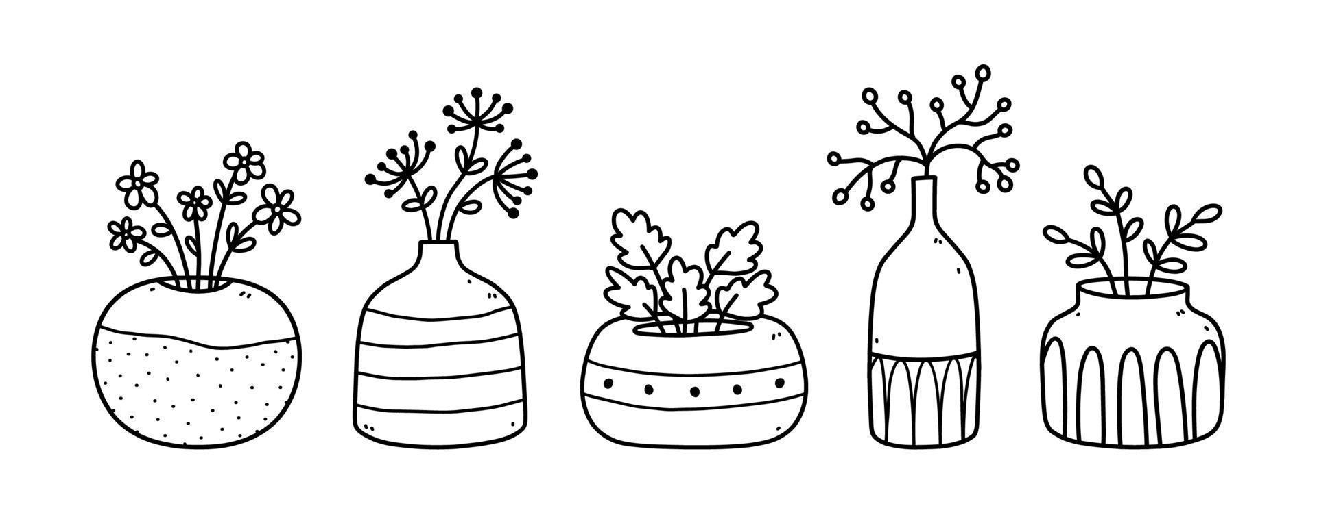 conjunto de flores fofas e galhos em vasos de cerâmica e potes isolados no fundo branco. ilustração vetorial desenhada à mão em estilo doodle. perfeito para cartões, decorações, logotipo. vetor