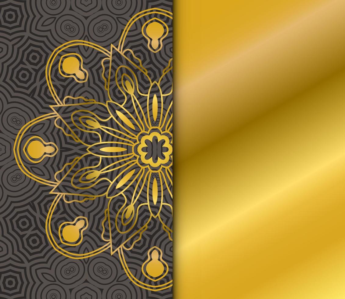 cartão de mandala de ouro bonito com padrão listrado. flor ornamental doodle redondo isolado em fundo escuro. ornamento decorativo geométrico em estilo étnico oriental. vetor