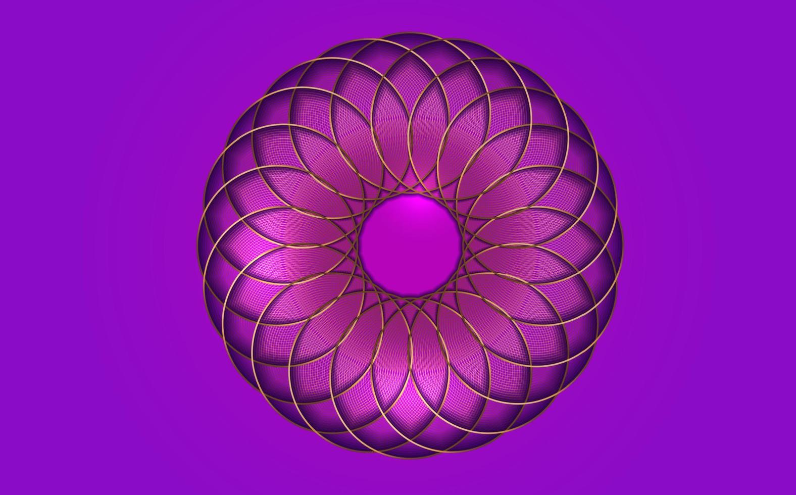 torus yantra, elemento de círculos de geometria sagrada de flor de ouro. ornamento matemático circular mandala logotipo dourado. padrão circular de luxo dos círculos cruzados, vetor isolado no fundo roxo