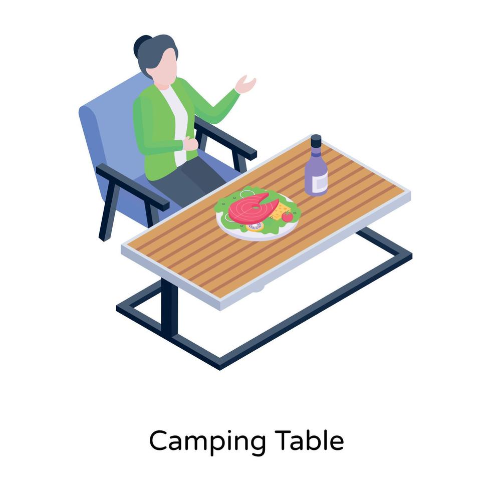 pessoa comendo fora, ícone isométrico da mesa de piquenique vetor