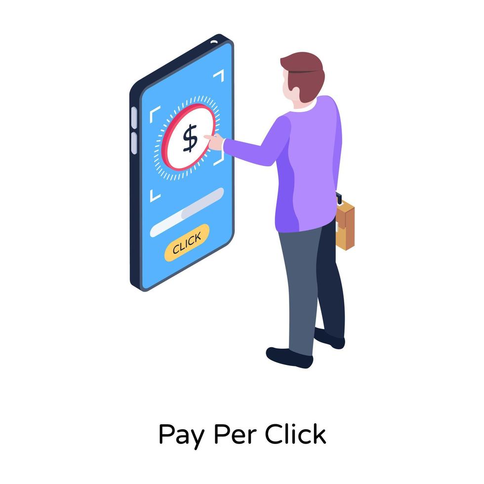 aplicativo de ganhos on-line paga por clique ilustração isométrica vetor