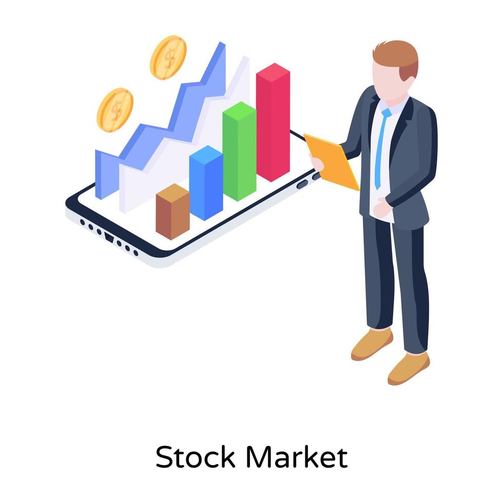 ícone do conceito de um gráfico do mercado financeiro de ações em estilo isométrico vetor