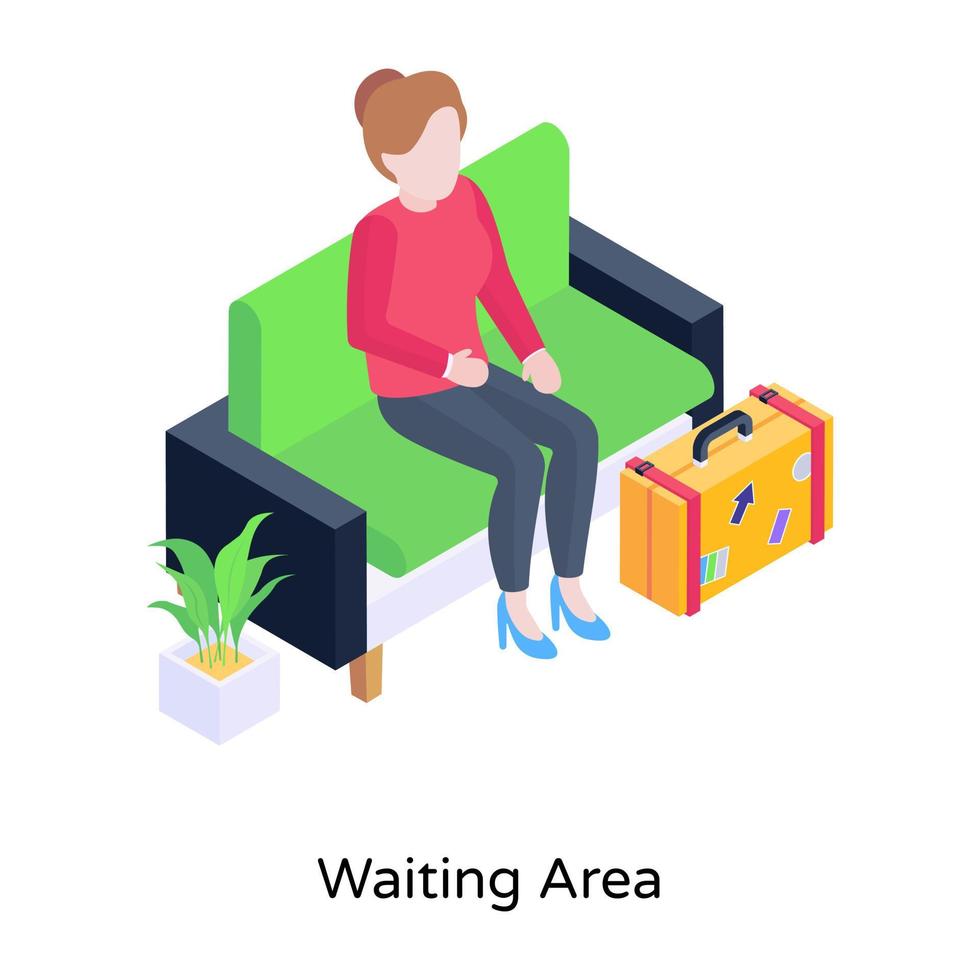 menina sentada no sofá com bagagem, ilustração isométrica da área de espera vetor