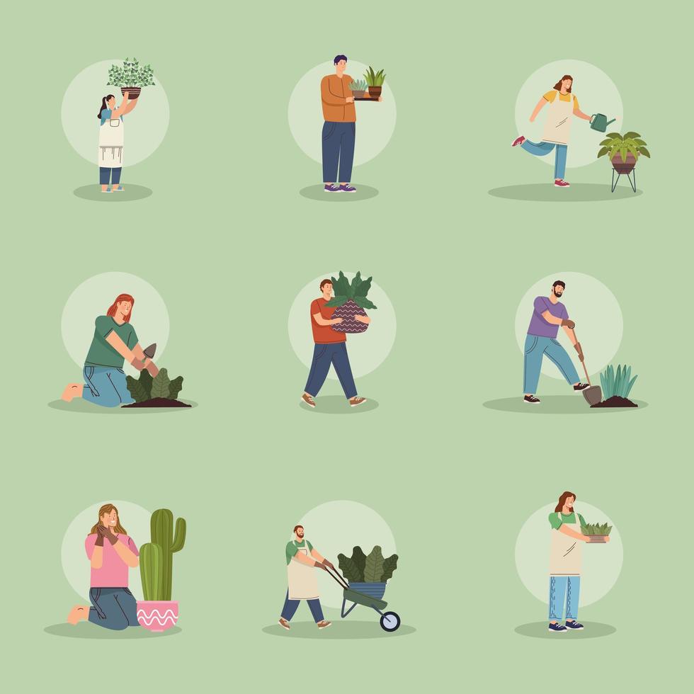 nove personagens de trabalhadores de jardineiros vetor