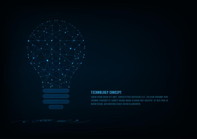 Conceito de tecnologia. Lâmpada de forma poligonal de uma inteligência artificial com linhas e pontos brilhantes e sombra sobre o fundo azul escuro. vetor