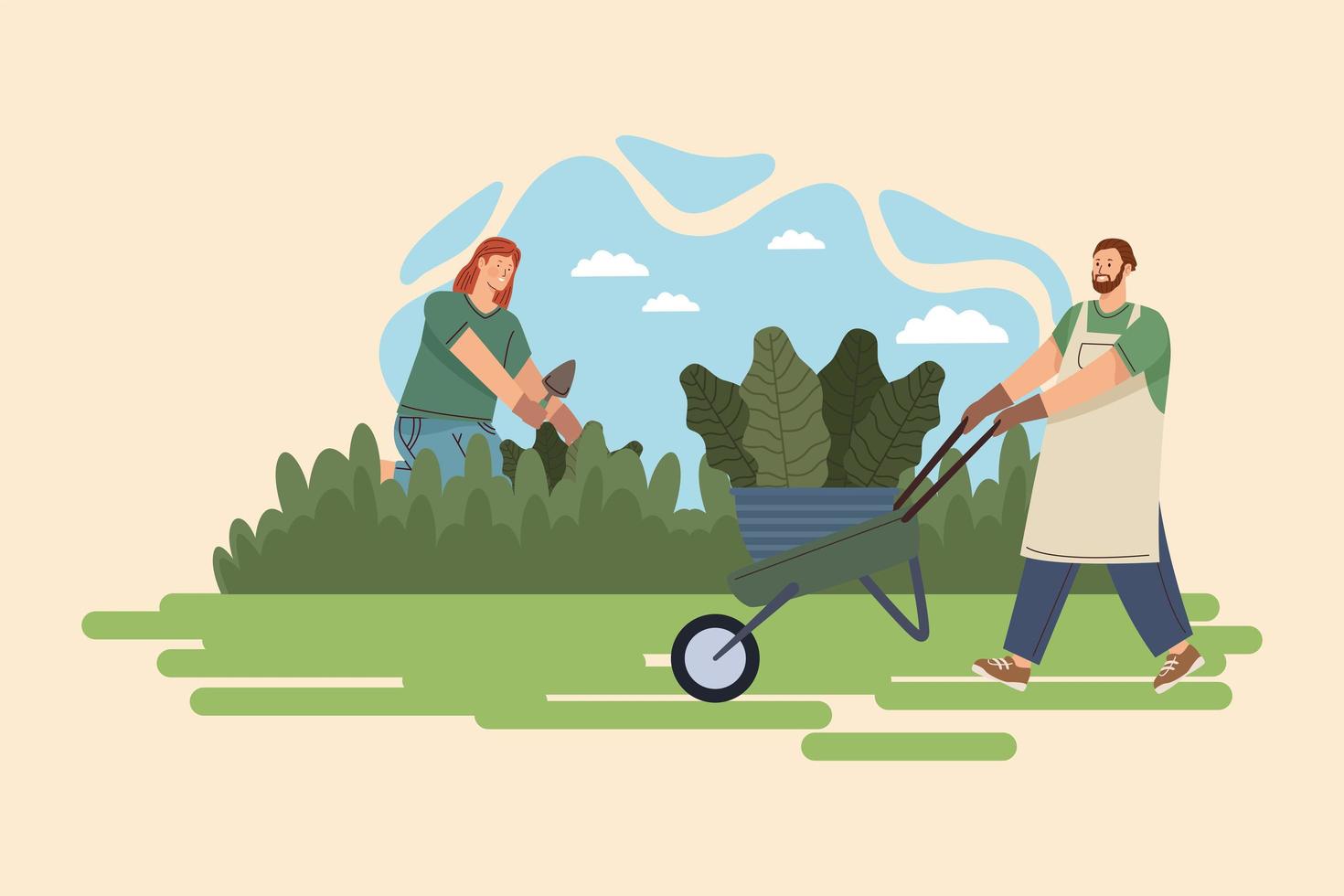 casal de jardineiros com carrinho de mão vetor