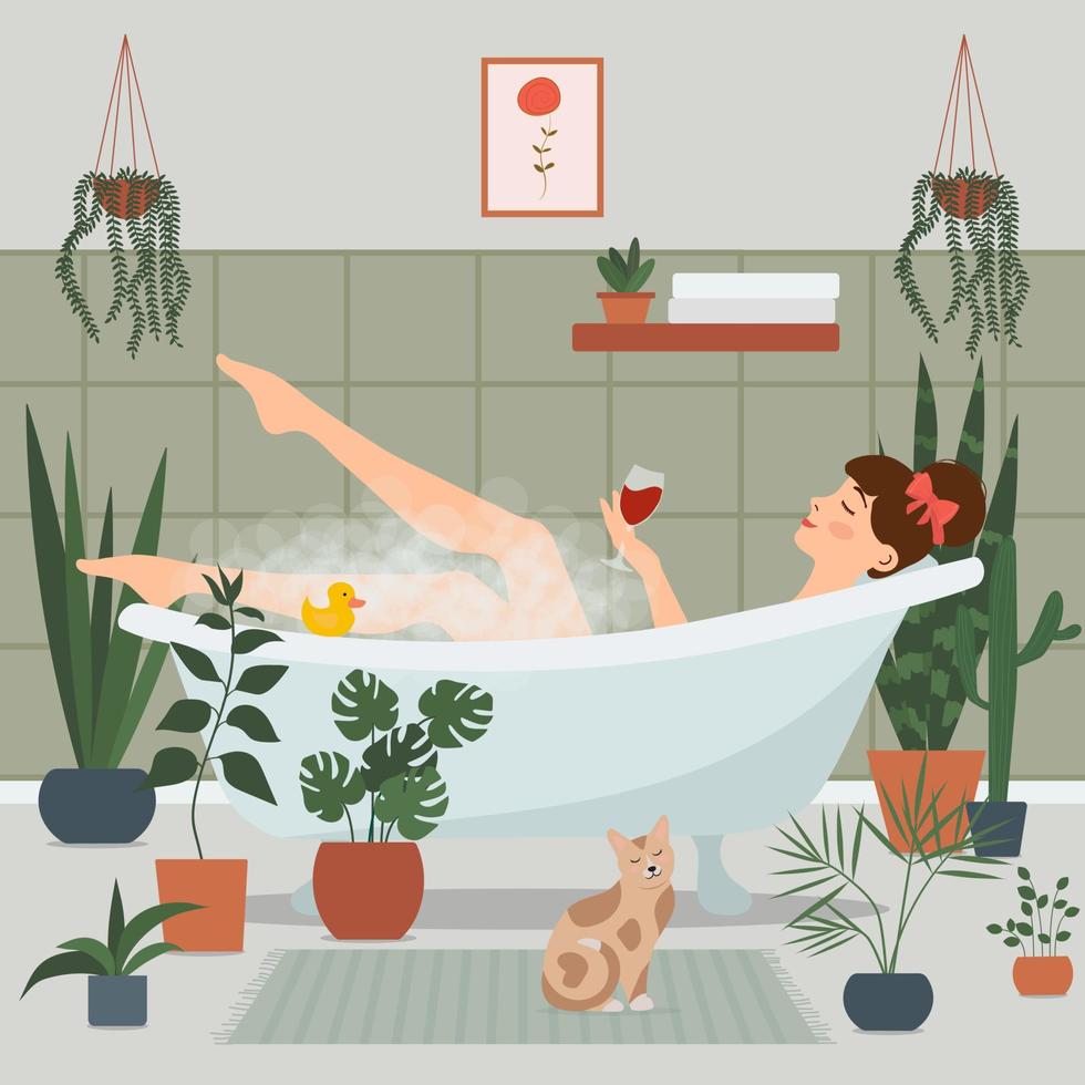 a garota toma banho com espuma e segura uma taça de vinho na mão. cercado por vasos de plantas. uma mulher está relaxando no banho. interior do banheiro. vetor