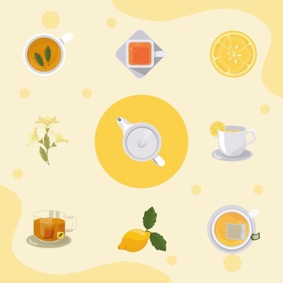 nove ícones de bebida de chá vetor