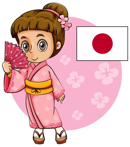 Menina japonesa no quimono rosa e bandeira do Japão vetor