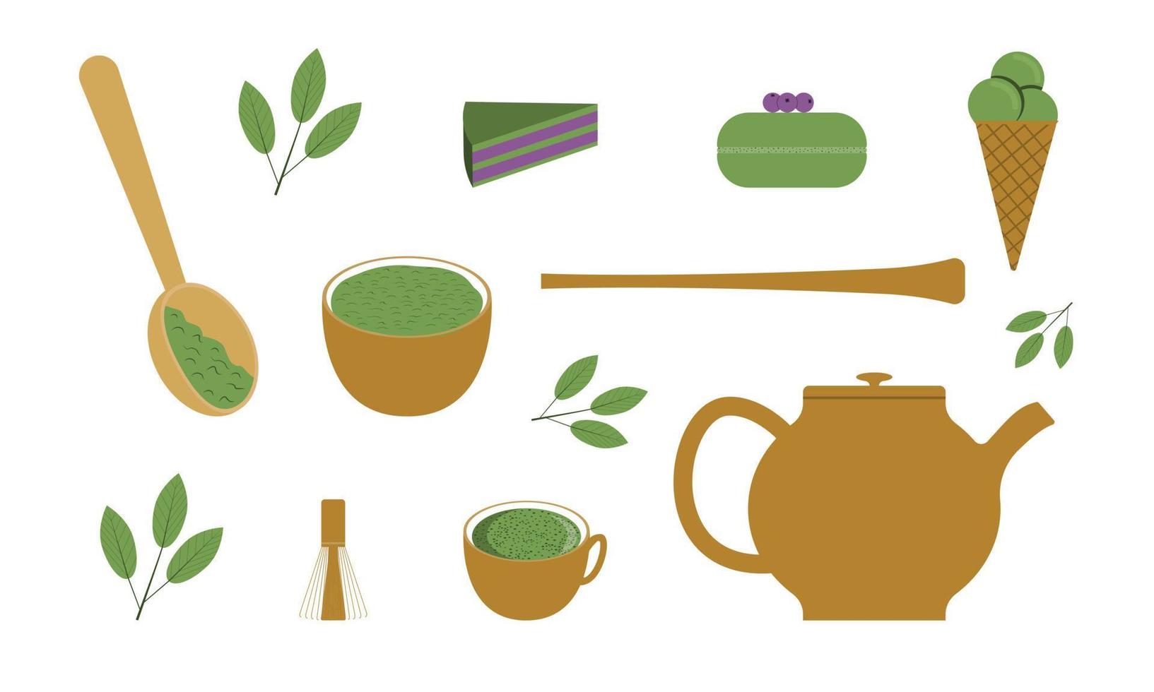 definido para uma festa de chá do matcha. chá orgânico e pó com ferramentas para a cerimônia do chá e produtos do matcha. vetor