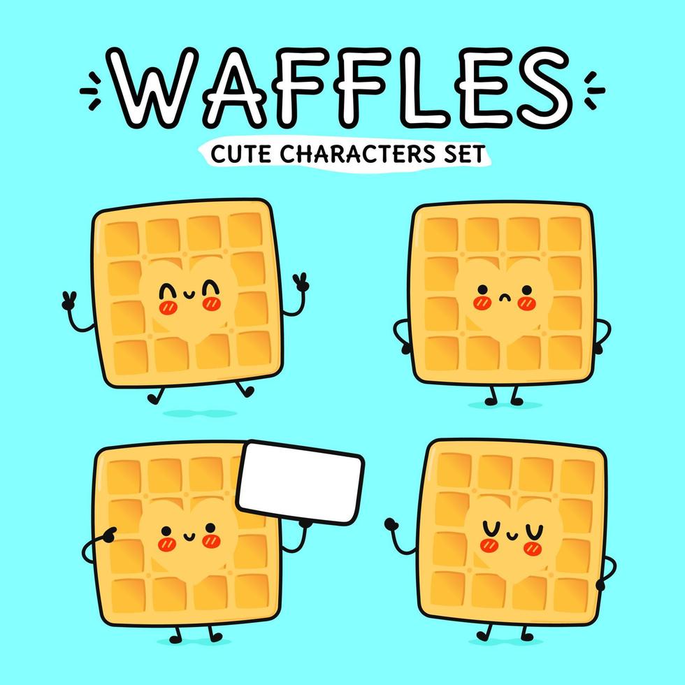 conjunto de pacote de personagens de waffles felizes fofos engraçados. ilustração em vetor kawaii estilo dos desenhos animados de linha. isolado no fundo branco. coleção de personagens de mascote de waffles fofos