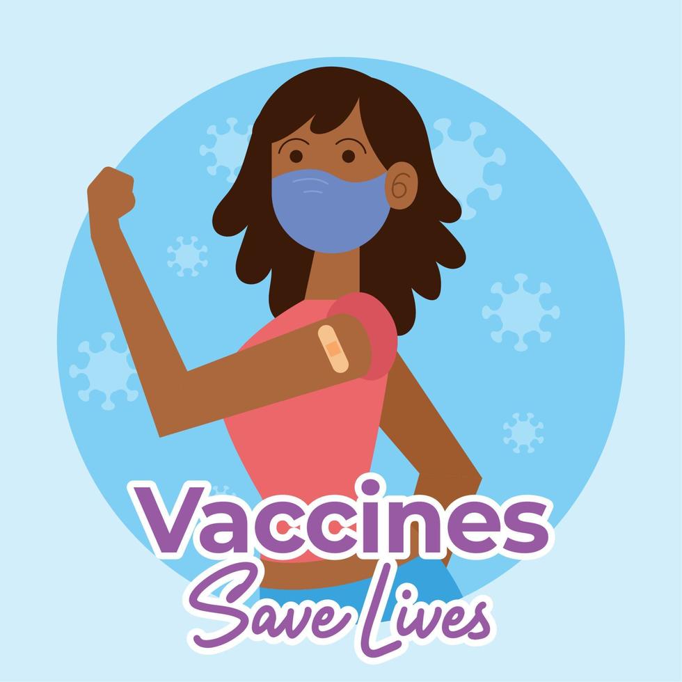 vacinas salvam vidas mulher de cartaz com vetor de vacina aplicada