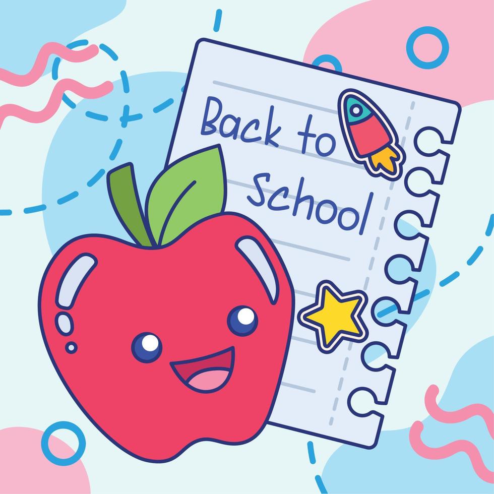 colorido de volta ao cartaz da escola vetor de personagem de maçã feliz