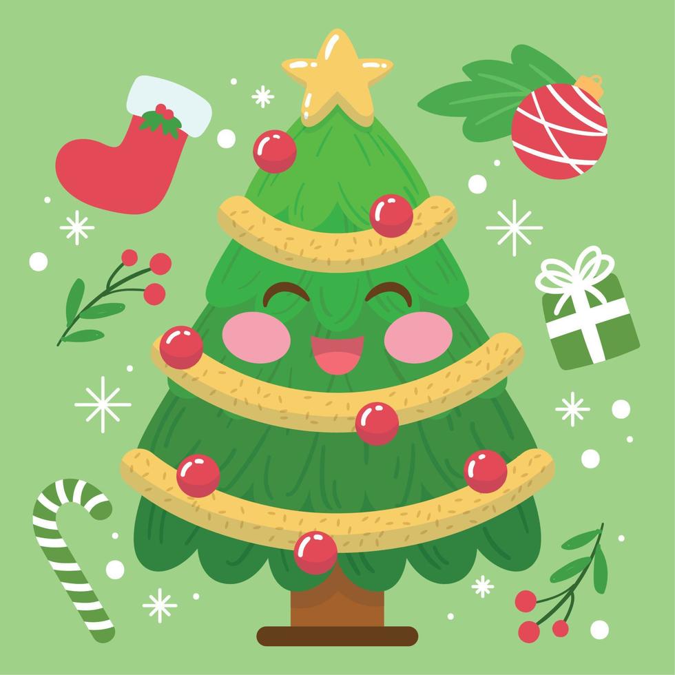 Adorável árvore De Natal Do Kawaii. ícone De Vetor De Feriado De