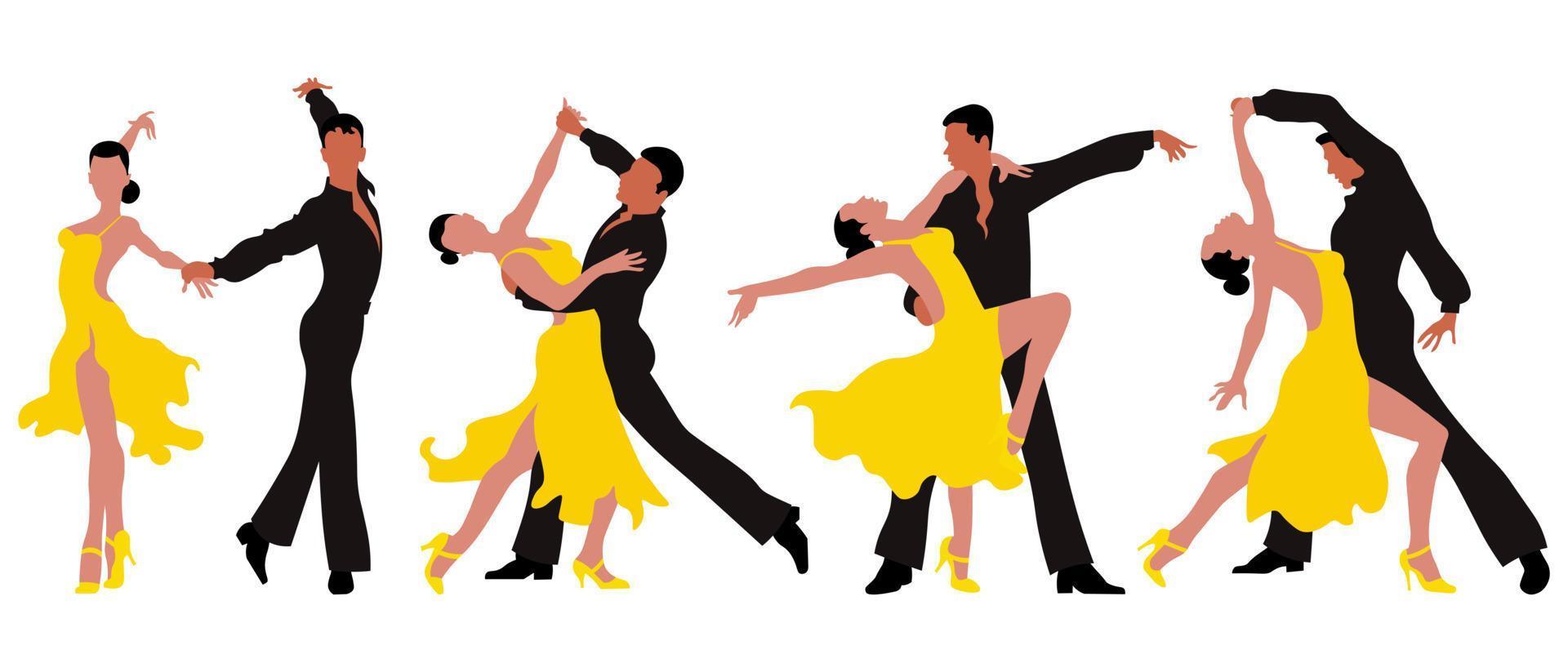 um conjunto de ilustrações, casais dançando, um homem de preto e uma mulher de vestido amarelo em poses elegantes. cartaz, impressão, cartão postal vetor