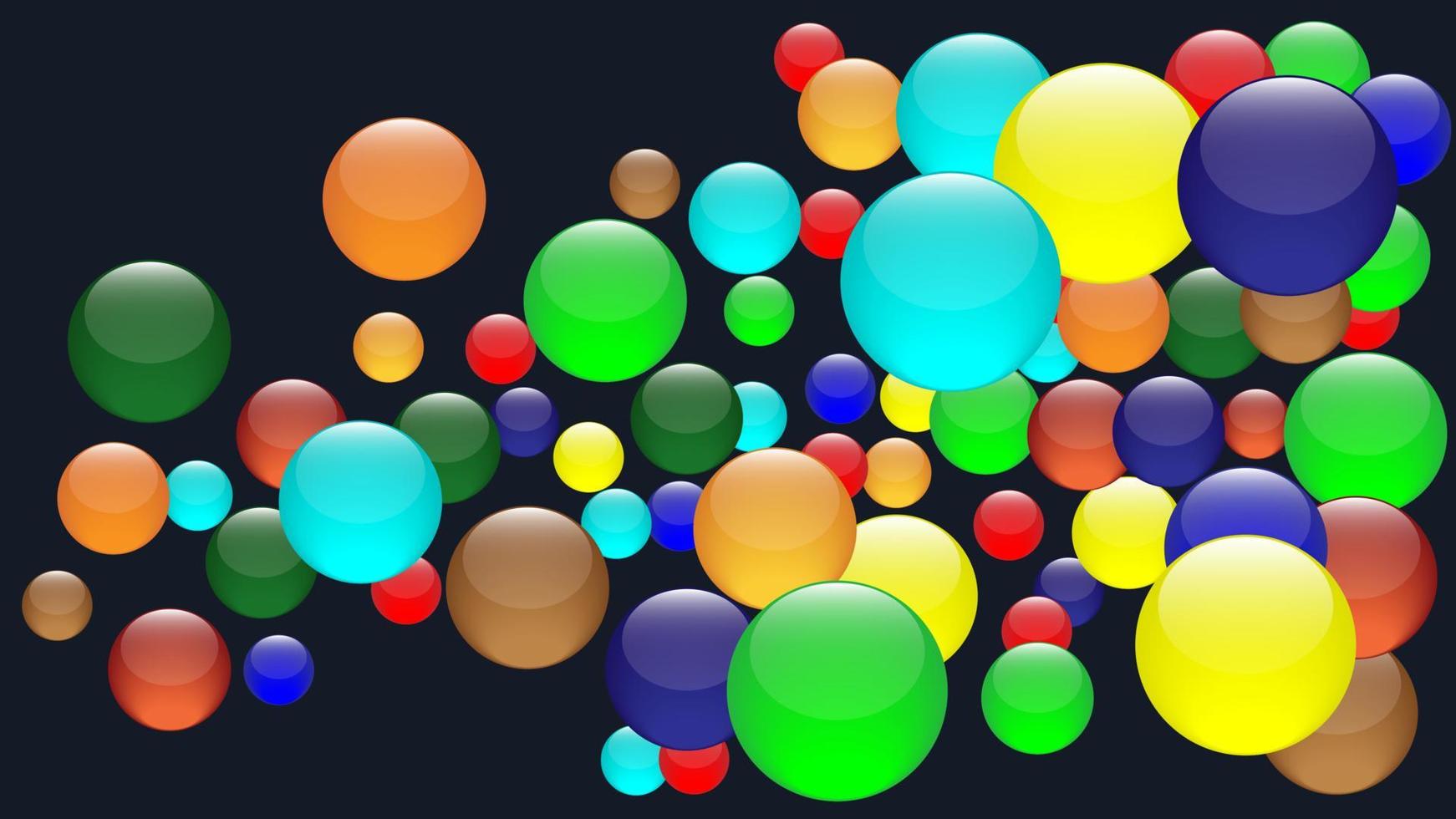 um monte de bolas de cristal coloridas. esferas de vidro espalhadas em fundo escuro. vetor