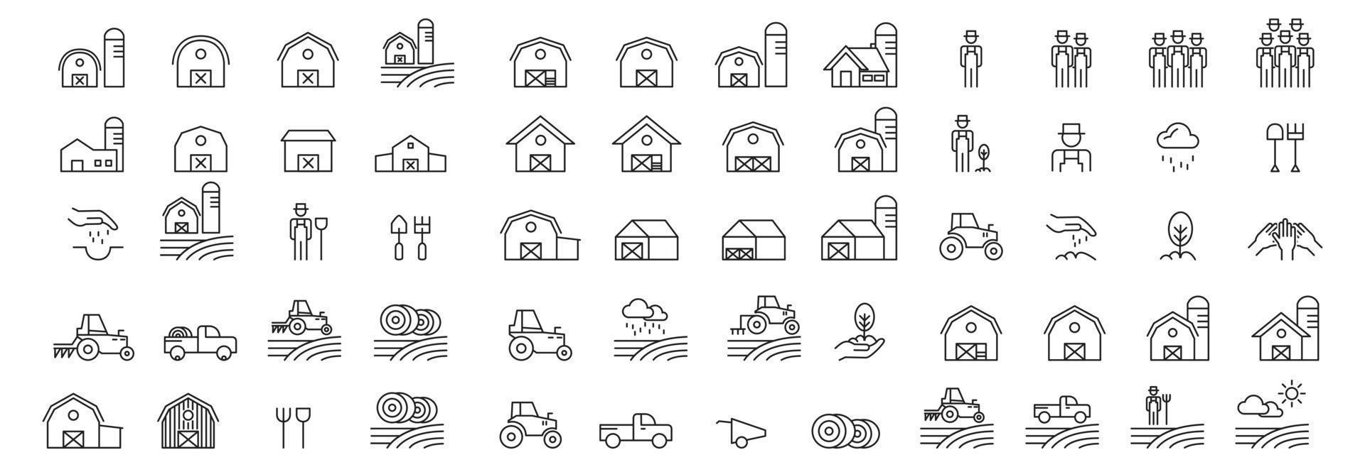 ícones de linha de celeiro definem ilustração vetorial, fazendeiro e fazenda de aldeia vetor