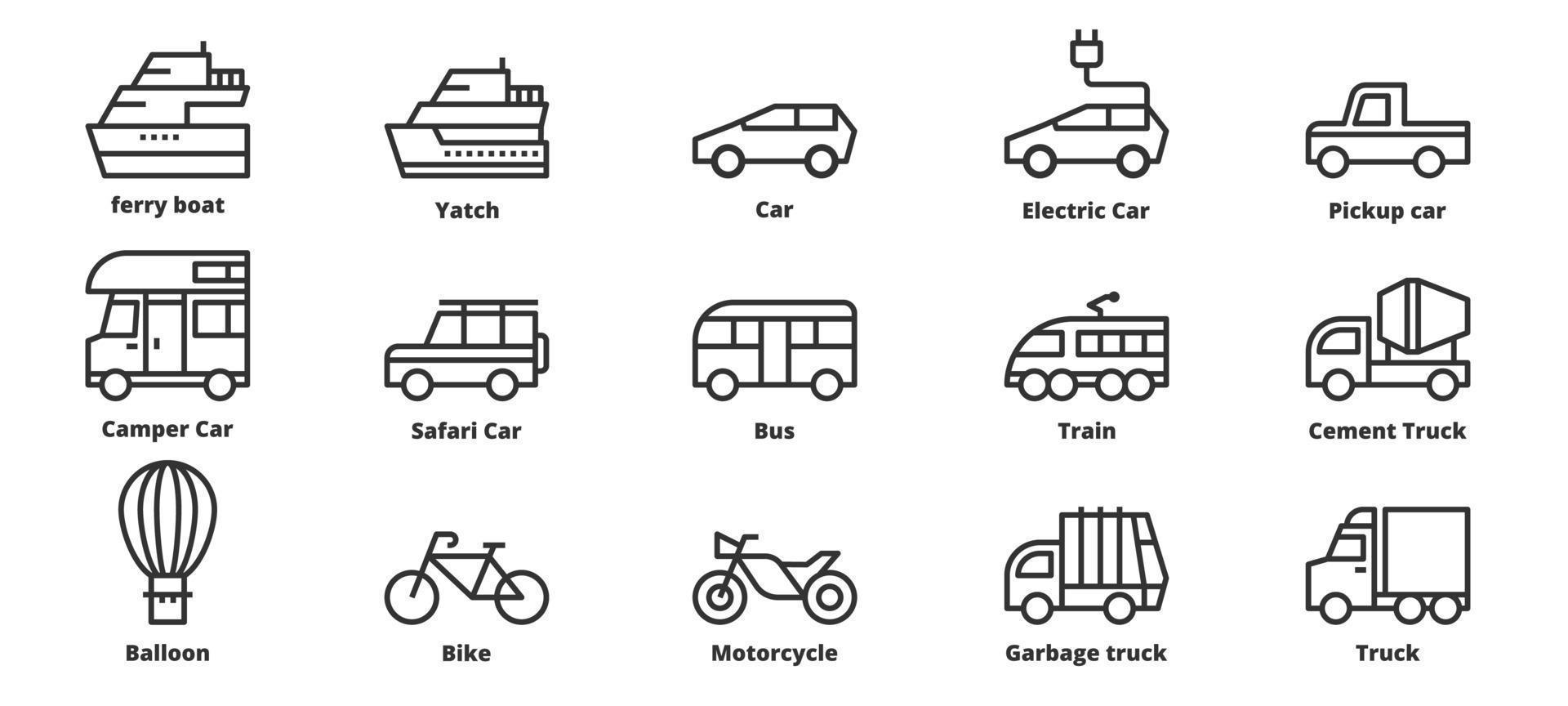 ilustração vetorial de ícones de transporte, carro, moto, trem, balsa vetor