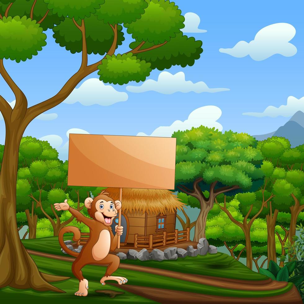 macaco de desenho animado segurando placa de madeira no fundo da natureza vetor