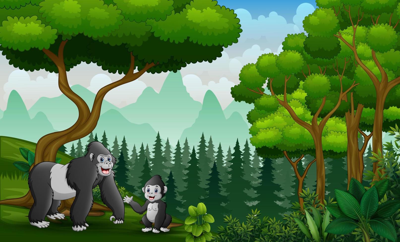 mãe gorila feliz com seu bebê na selva vetor