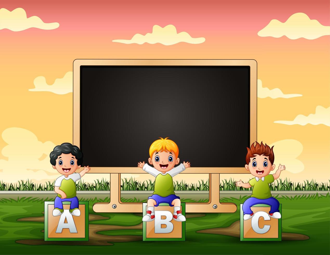 modelo de quadro com crianças sentadas no alfabeto abc vetor