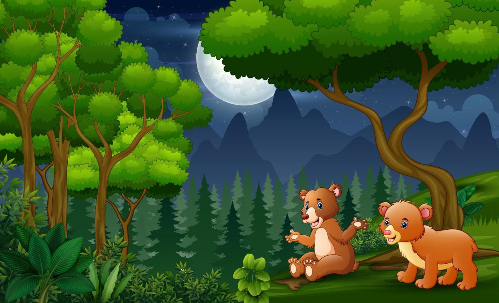 desenho animado um urso com seu bebê desfrutando à noite vetor