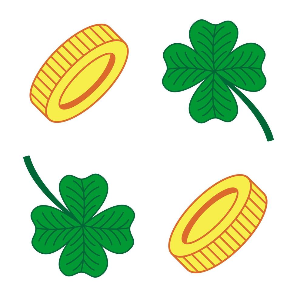 moeda dos desenhos animados e ícones de vetor de trevo. pictograma dourado para jogo. ícone de dinheiro liso. trevo de quatro folhas da sorte verde. elementos isolados simples para st. dia de patrick