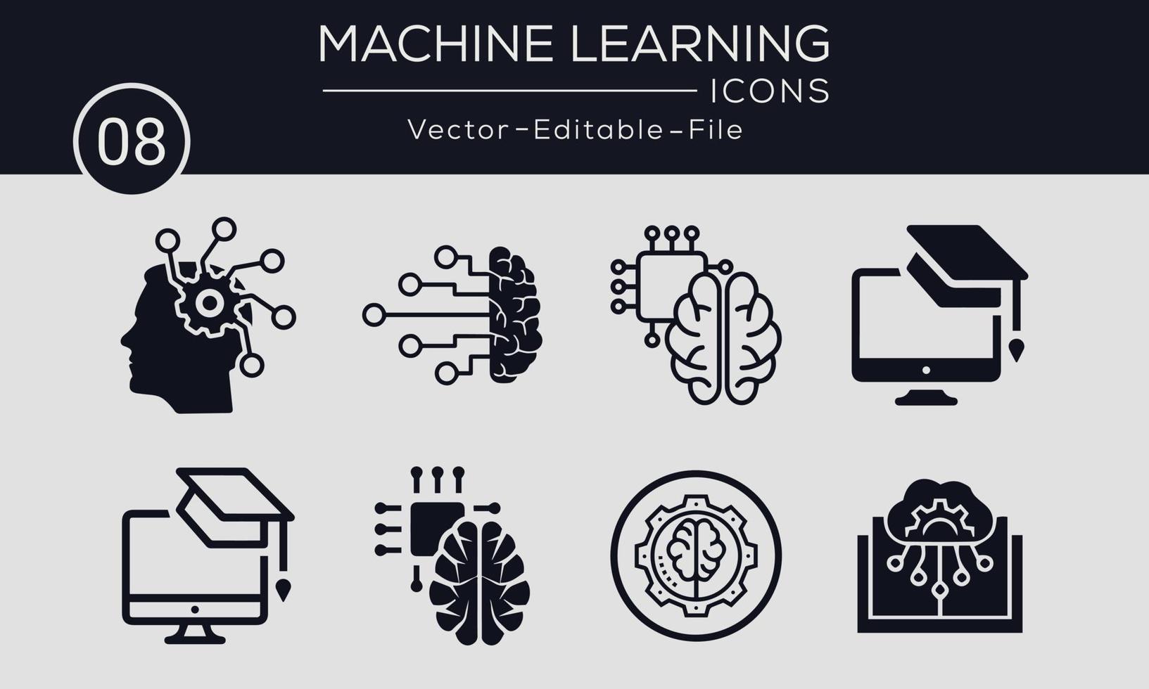 conjunto de ícones de conceito de aprendizado de máquina. contém tal algoritmo de ícones, mineração de dados, inteligência inteligente, brainstorming, pensamento e muito mais, pode ser usado para web e aplicativos. vetor