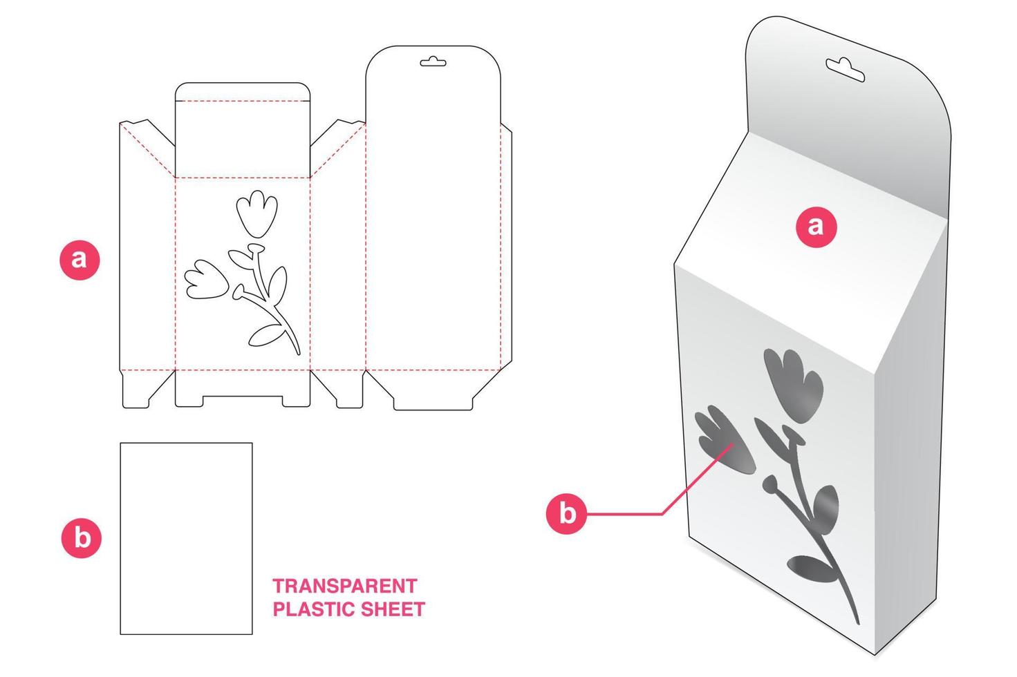 caixa inclinada pendurada com janela de ícone de flor e modelo de corte e vinco de folha de plástico transparente vetor