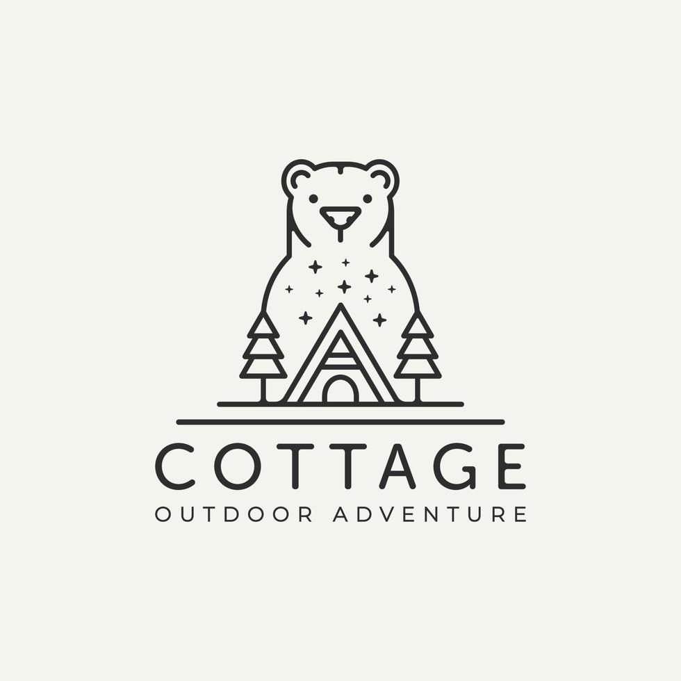 design de ícone de logotipo de arte de linha minimalista de urso cottage vetor