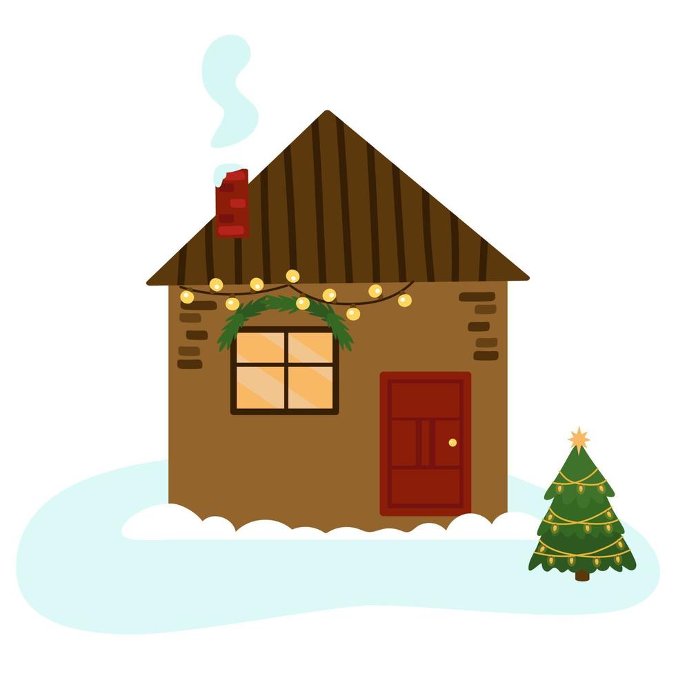 uma aconchegante casa de inverno decorada com guirlandas de abeto para o natal. uma cidade festiva de inverno. ilustração vetorial para design, decoração, cartões postais vetor