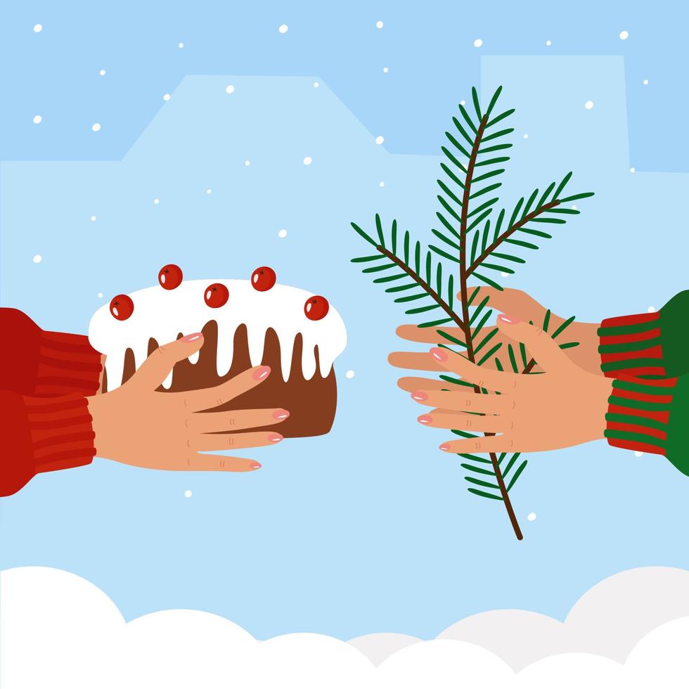 o conceito de dar presentes para o natal. as mãos das pessoas com um bolo festivo e um galho de um abeto. ilustração vetorial de inverno em um fundo de neve, para um cartão postal, web, banner vetor