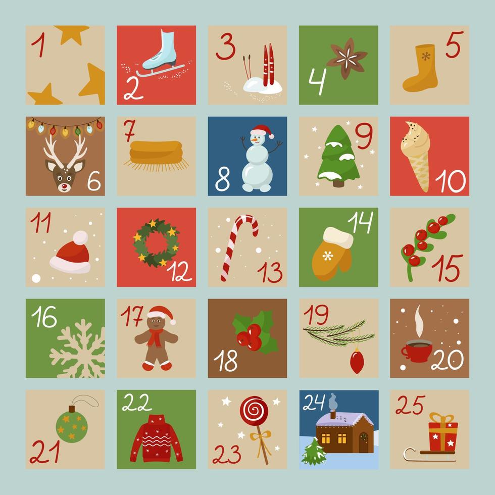 calendário do advento para o natal. datas do primeiro ao dia 25 em cartões com fotos de ano novo. vetor. vetor