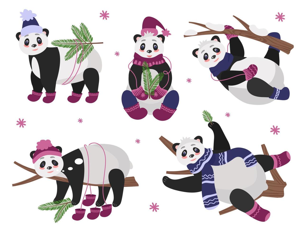 conjunto de natal de pandas bonitos em árvores em poses diferentes, em roupas quentes de inverno com ramos de abeto. ilustração vetorial de personagens para cartões de férias, design ou decoração vetor