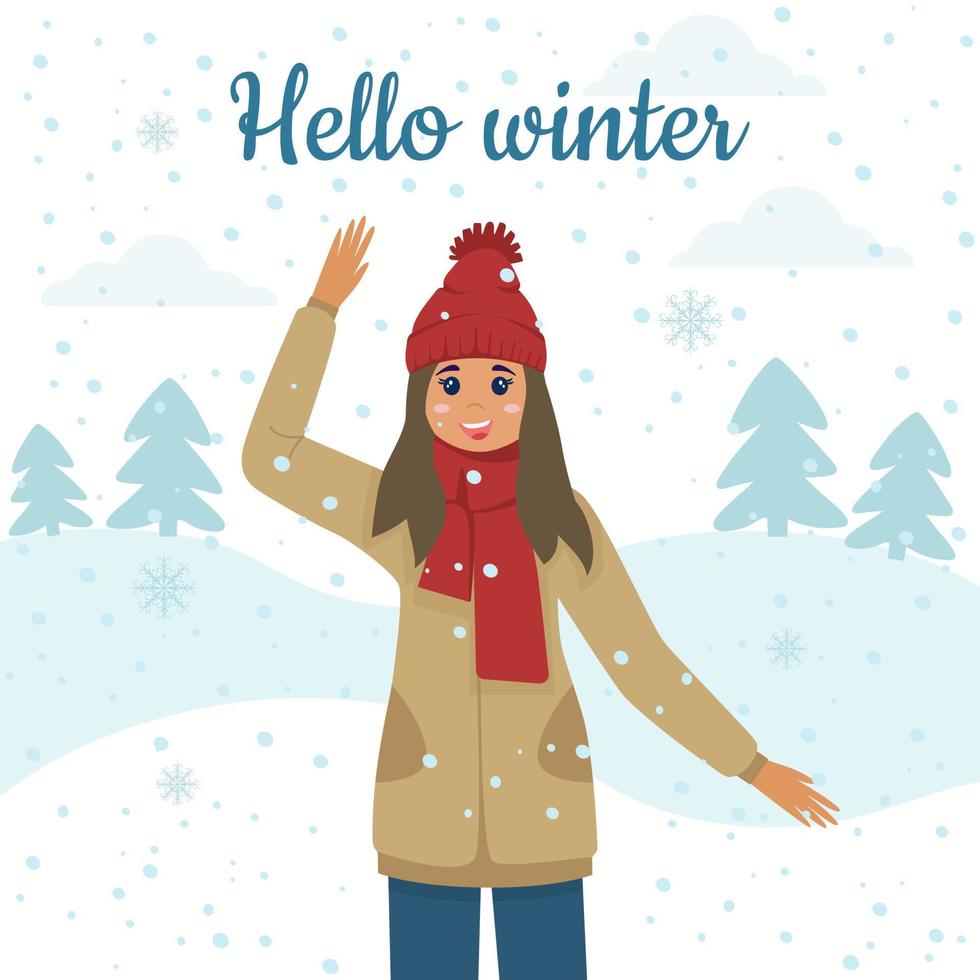 Olá inverno, um cartão postal com uma garota de chapéu e roupas quentes, está nevando no fundo de abetos na rua. ilustração vetorial para cartões postais, banners, decoração de designer vetor