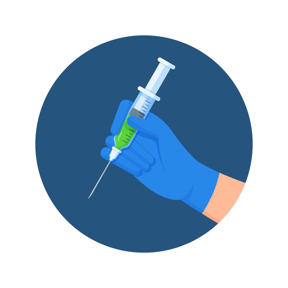 ilustração vetorial de vacinação contra vírus. a mão enluvada de um médico segura uma seringa. vetor