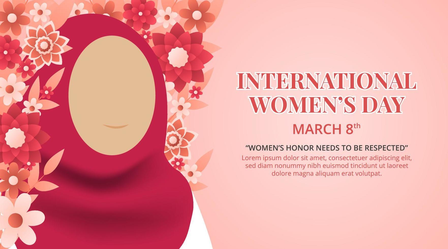 design do dia internacional da mulher com uma mulher muçulmana e flores vetor