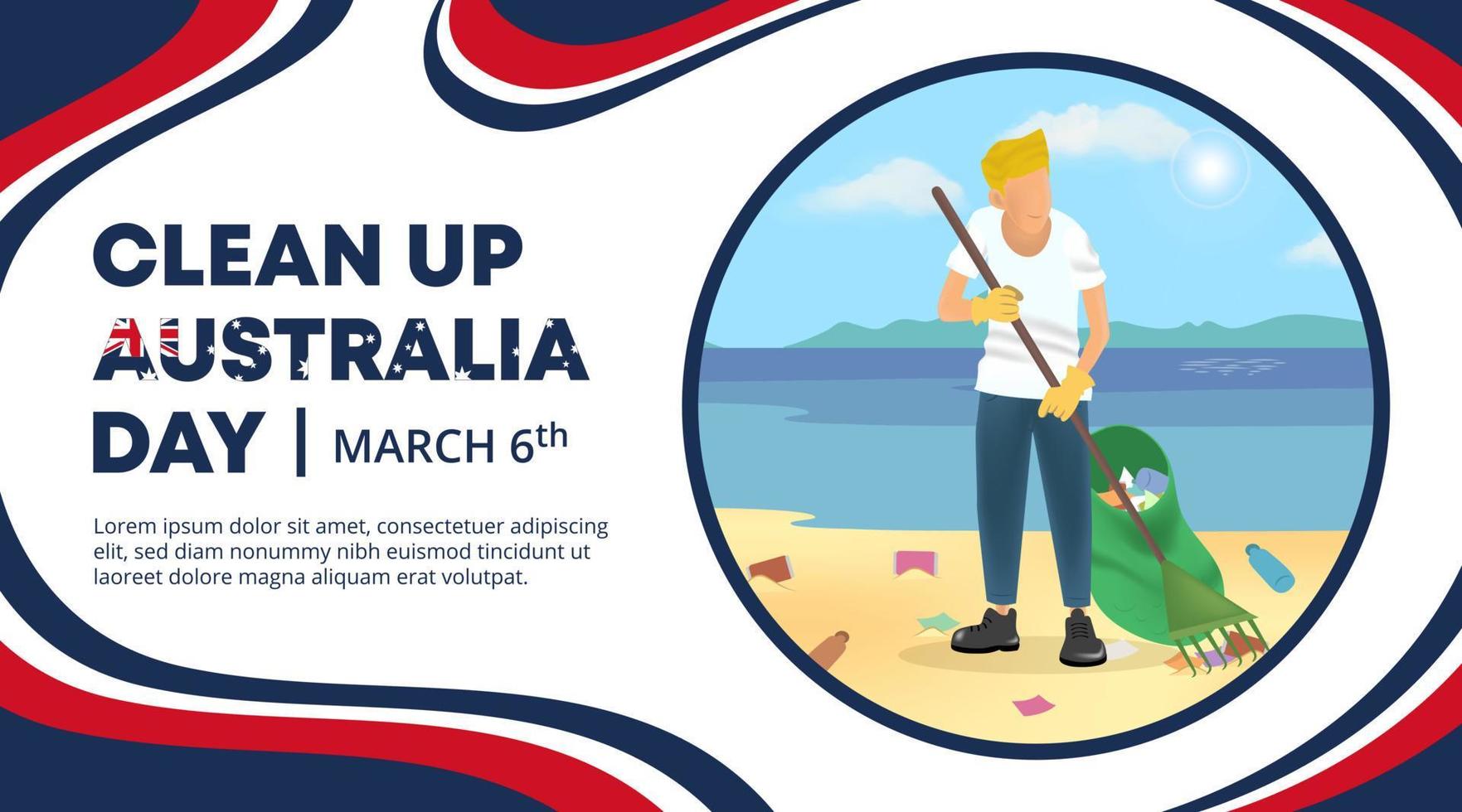 limpar o design do dia da austrália com um homem está limpando a praia vetor