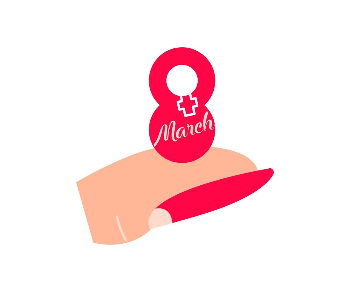 8 de março logotipo no dedo feminino moderno. ícone de mulher segurando na mão em 8 de março. modelo de ícone colorido do dia da mulher. fundo branco vetor linear simples.