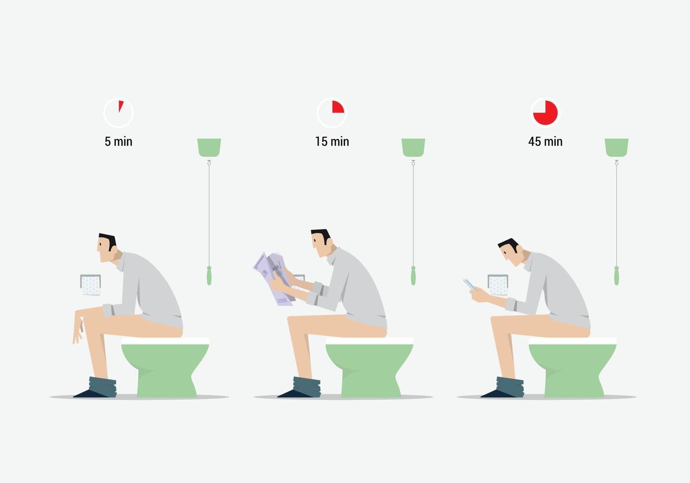 vista lateral do homem dos desenhos animados sentado no vaso sanitário em três situações diferentes. vetor