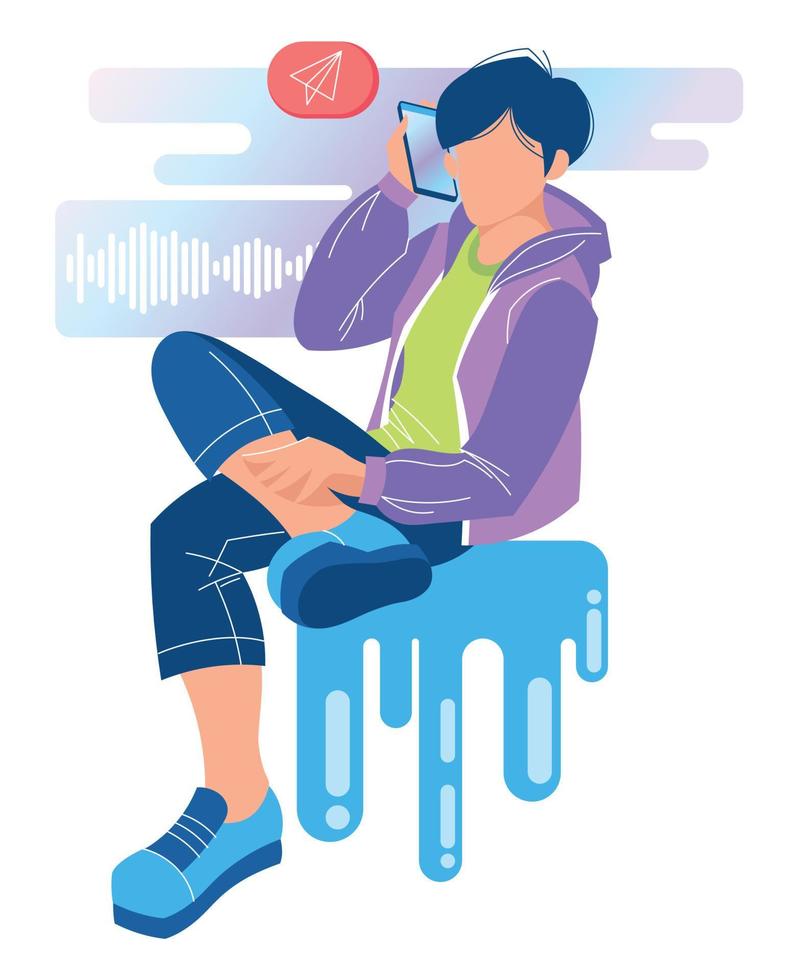 um jovem atlético está sentado e falando ao telefone, ouvindo uma mensagem de áudio ou ouvindo música. vetor