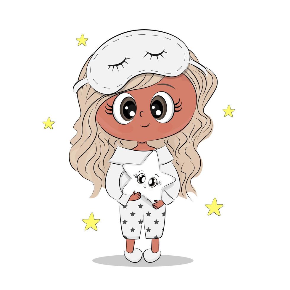 menina bonitinha, vestindo pijama e máscara de dormir, ilustração de bebê fofo, para design de cartão, impressão em têxtil, camiseta ou caixa de presente, decoração de quarto infantil, ilustração vetorial vetor