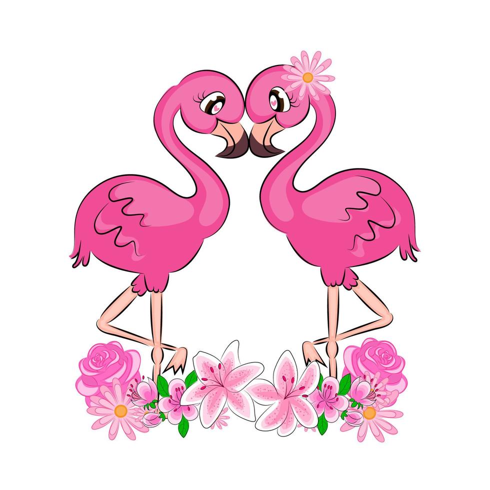 flamingos um par de flamingos rosa fofos com olhos fofos com cílios, com flores, uma bela impressão de cartão em têxteis em uma camiseta na embalagem vetor