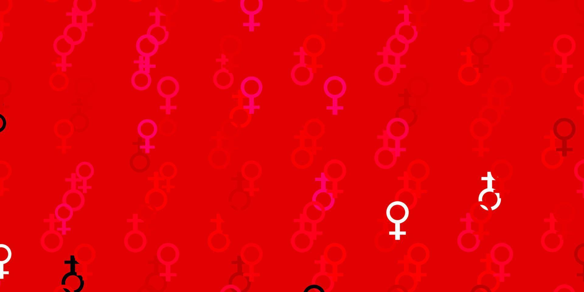 pano de fundo rosa claro, vermelho vector com símbolos de poder da mulher.