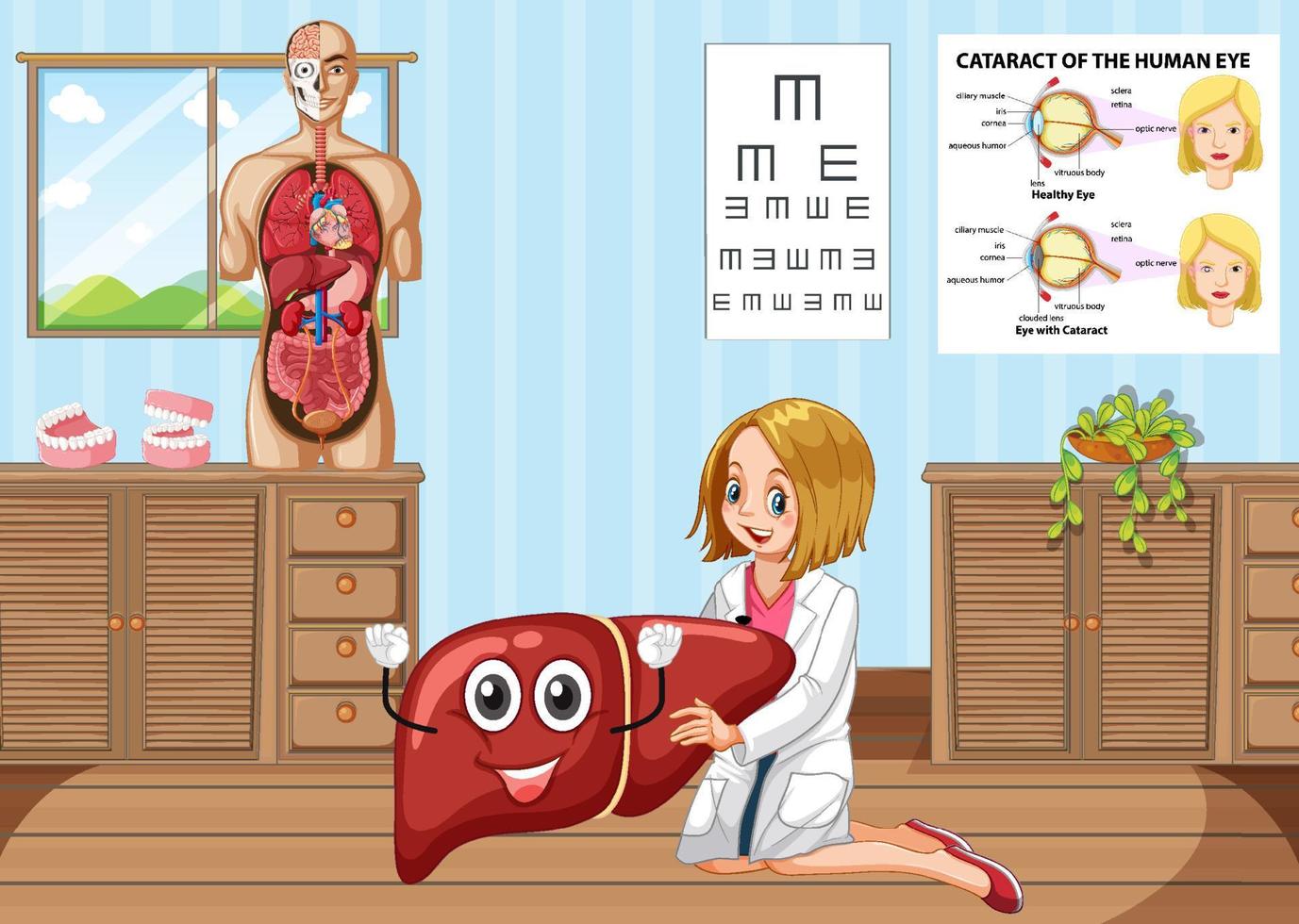 cena de quarto com um médico segurando fígado em estilo cartoon vetor