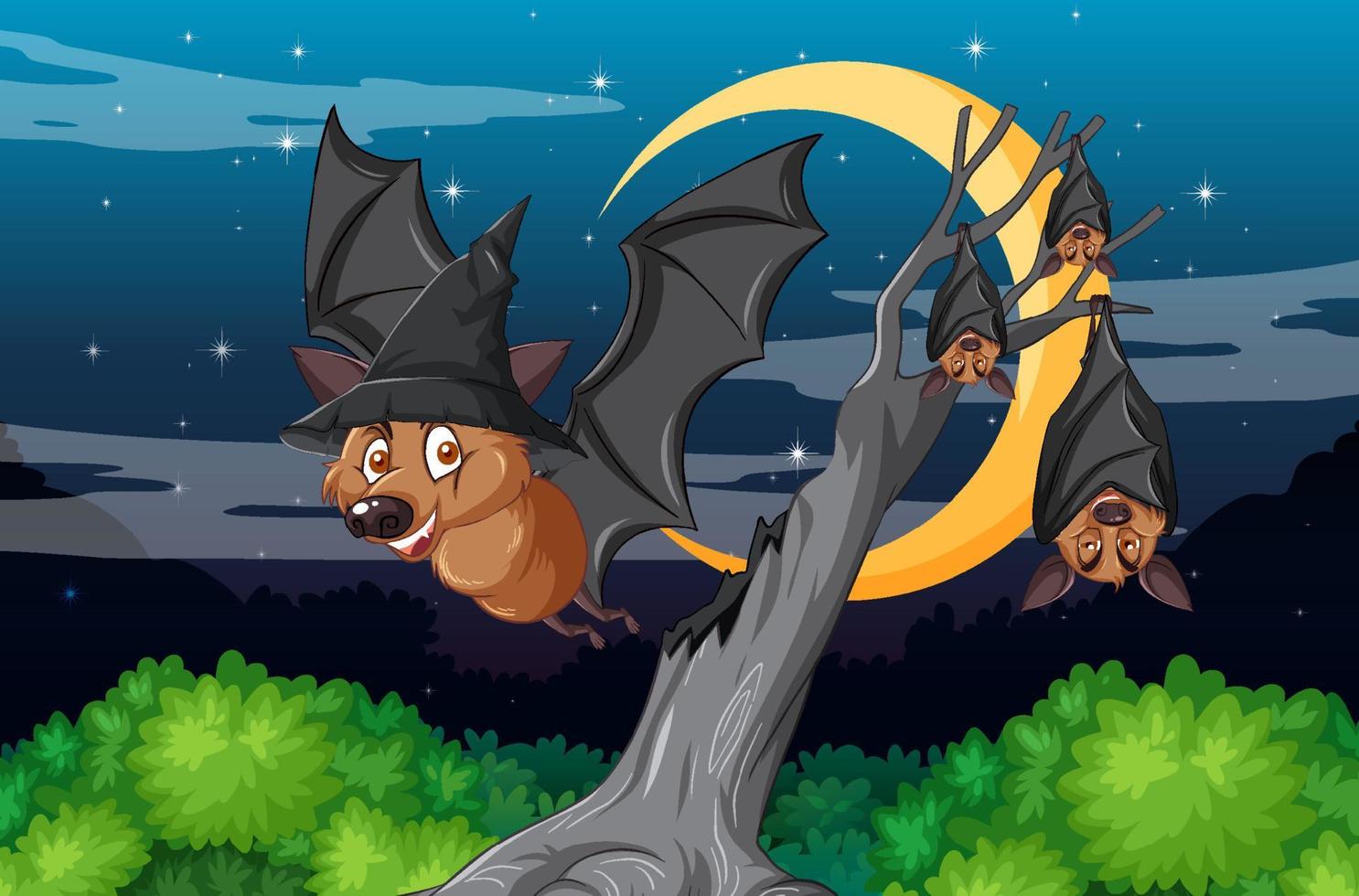 cena de floresta noturna com grupo de morcegos vetor