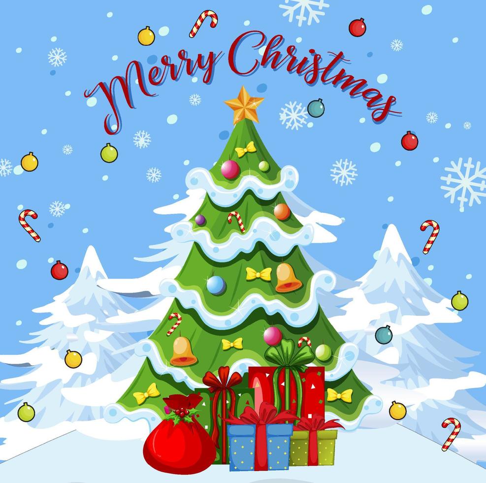 design de cartão de feliz natal com árvore de natal e presentes vetor