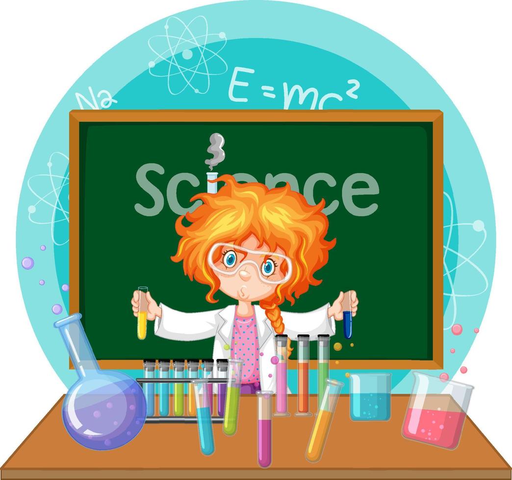 personagem de desenho animado menina cientista com equipamentos de laboratório vetor